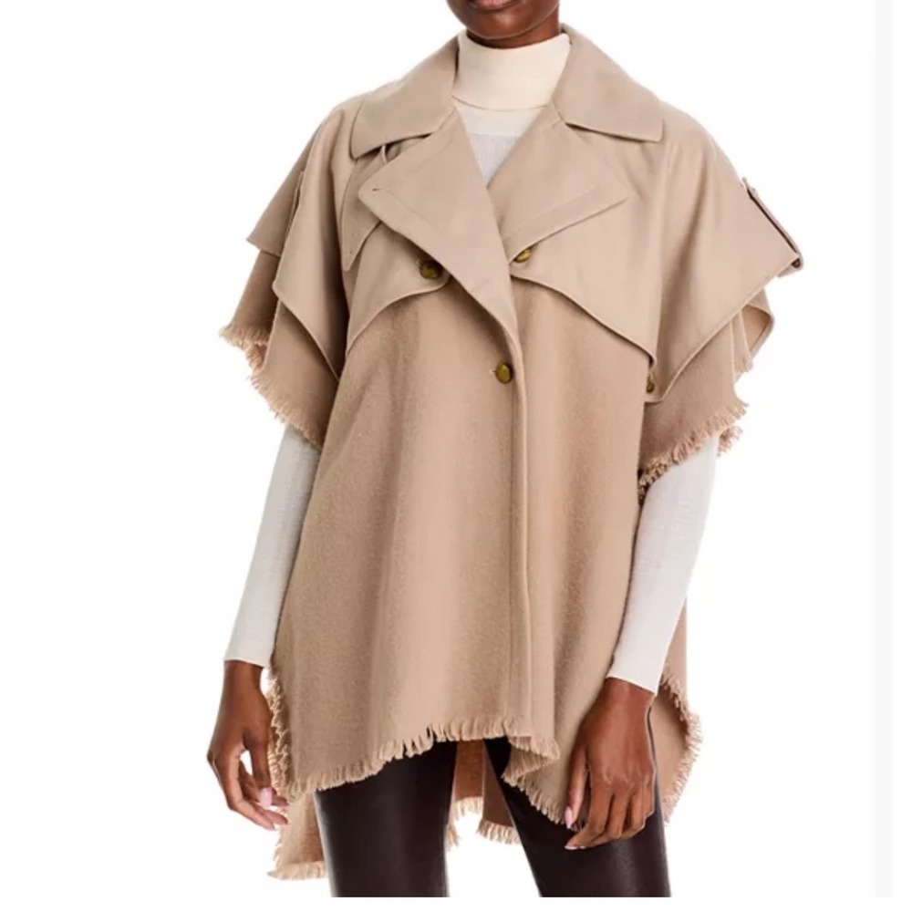 Rag & Bone Wool Blend Trench Poncho Wrap Cape Tan Beige Frayed Edge One Size